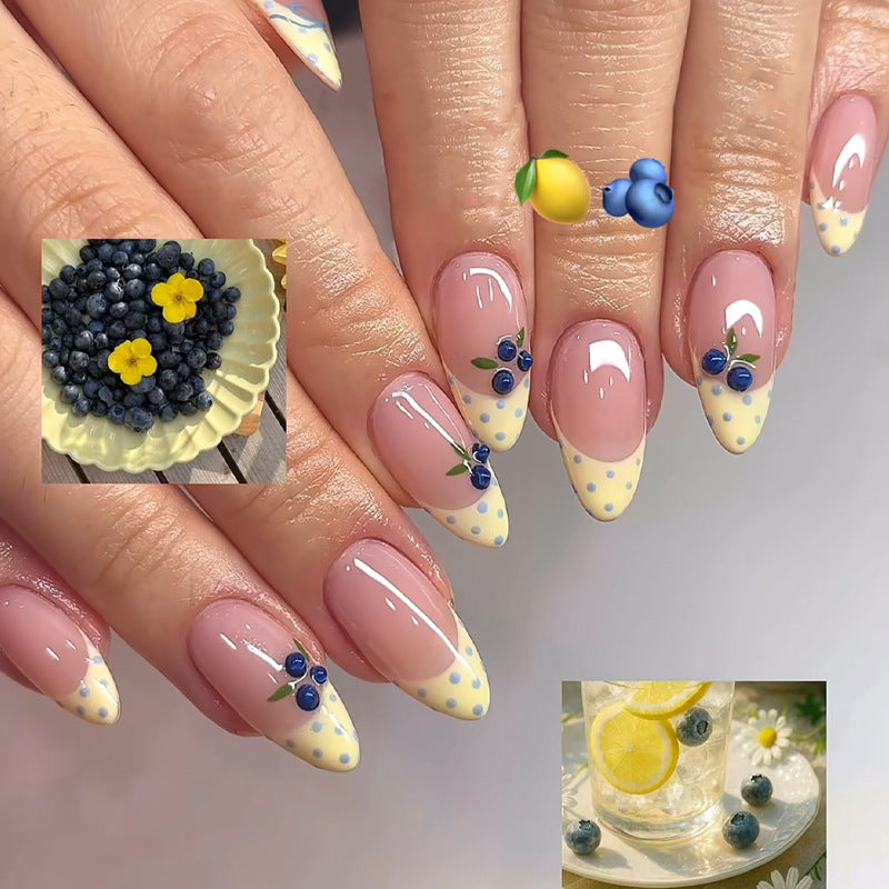 Lemon Blueberry Delight Medium Almond Yellow and Blue Floral Press on Nail Set