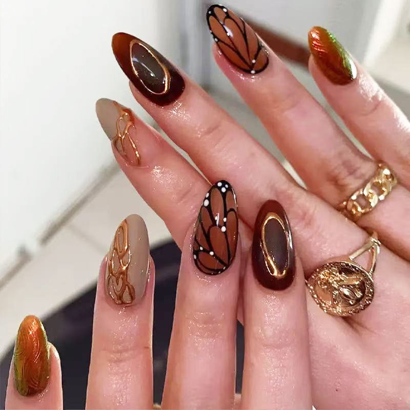 Bohemian Elegance Long Almond Gradient Brown with Intricate Swirls Press On Nail Set