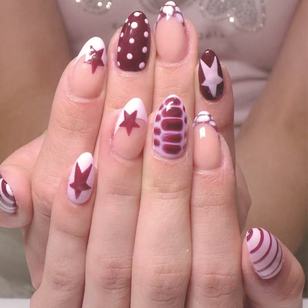 Chocolate Fantasy Medium Almond Deep Burgundy Colorful Patterns Nail Set