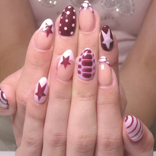 Chocolate Fantasy Medium Almond Deep Burgundy Colorful Patterns Nail Set