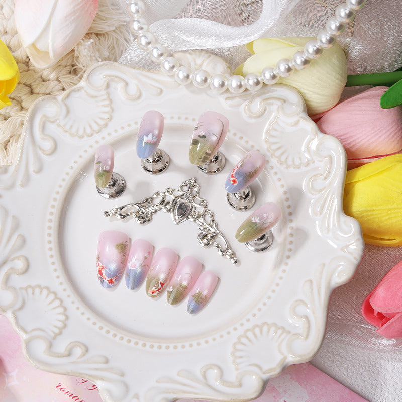 Charming Springtime Elegance Medium Almond Pink Ombre with Floral Designs Press on Nail Set