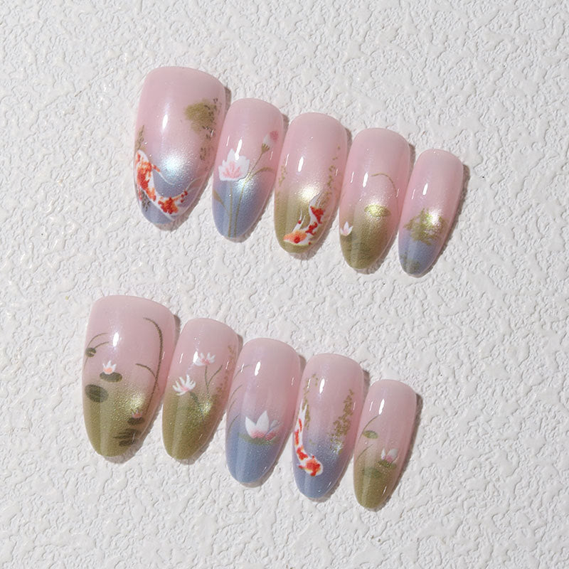 Blossom Elegance Long Oval Pink Floral Gradient Nail Set with Koi Fish Design