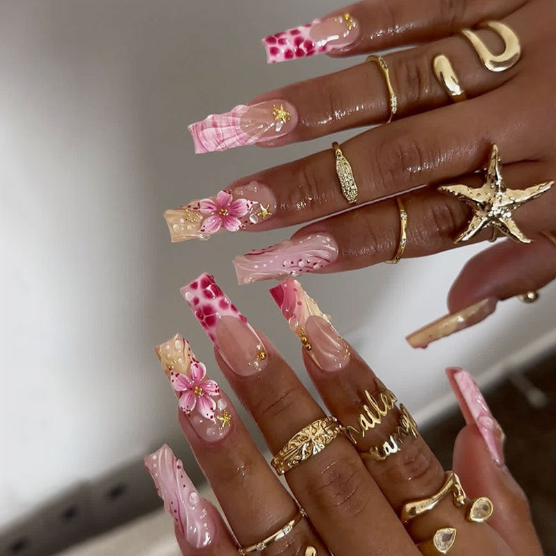 Tropical Paradise Long Square Pink Press on Nail Set with Floral Accents and Glitter Details