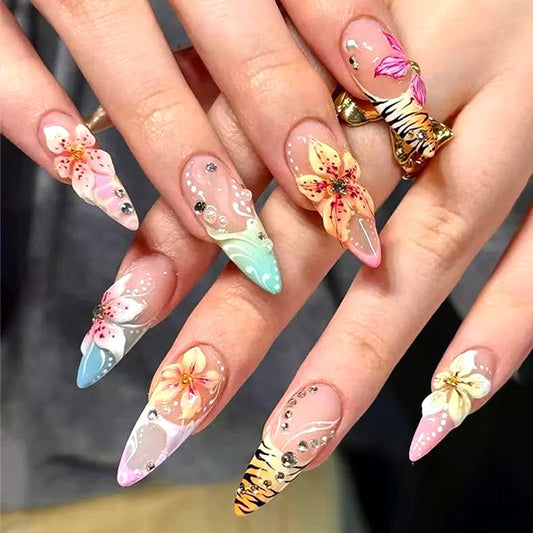 Floral Fantasy Long Almond Ombre Press On Nail Set with Gemstone Accents