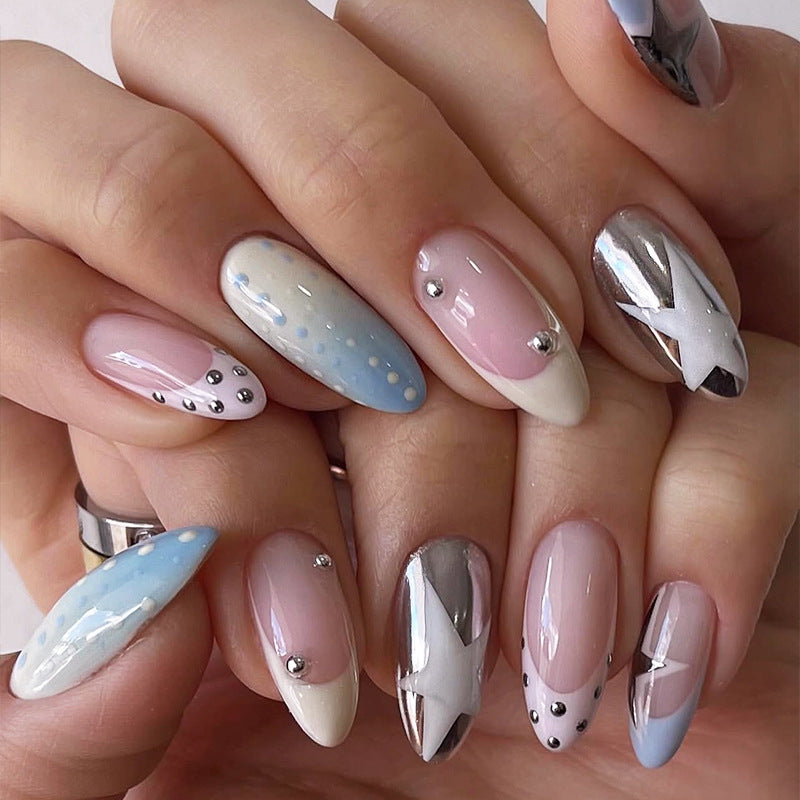 Celestial Dream Press On Nail Set Long Almond Shaped Soft Pastel Colors with Metallic Accents