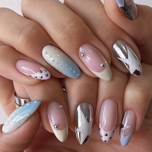 Celestial Dream Press On Nail Set Long Almond Shaped Soft Pastel Colors with Metallic Accents