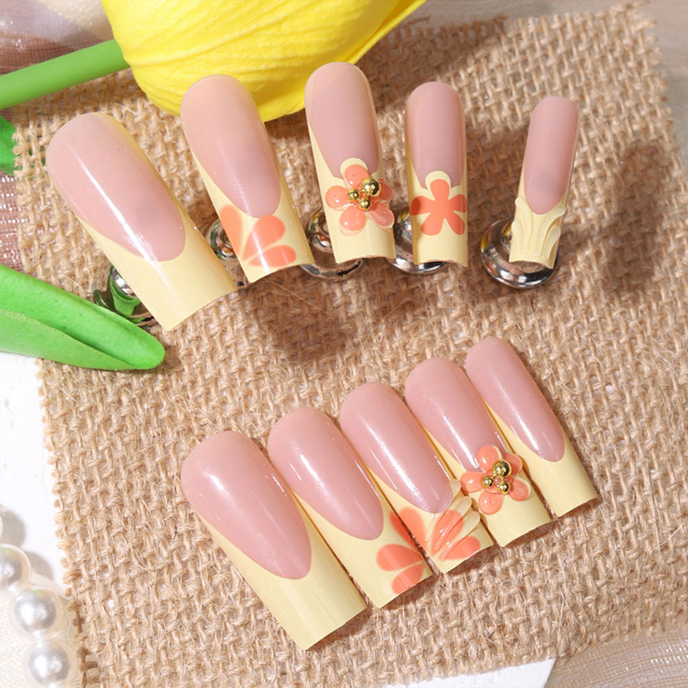 Charming Floral Design Long Square Pink Press On Nail Set