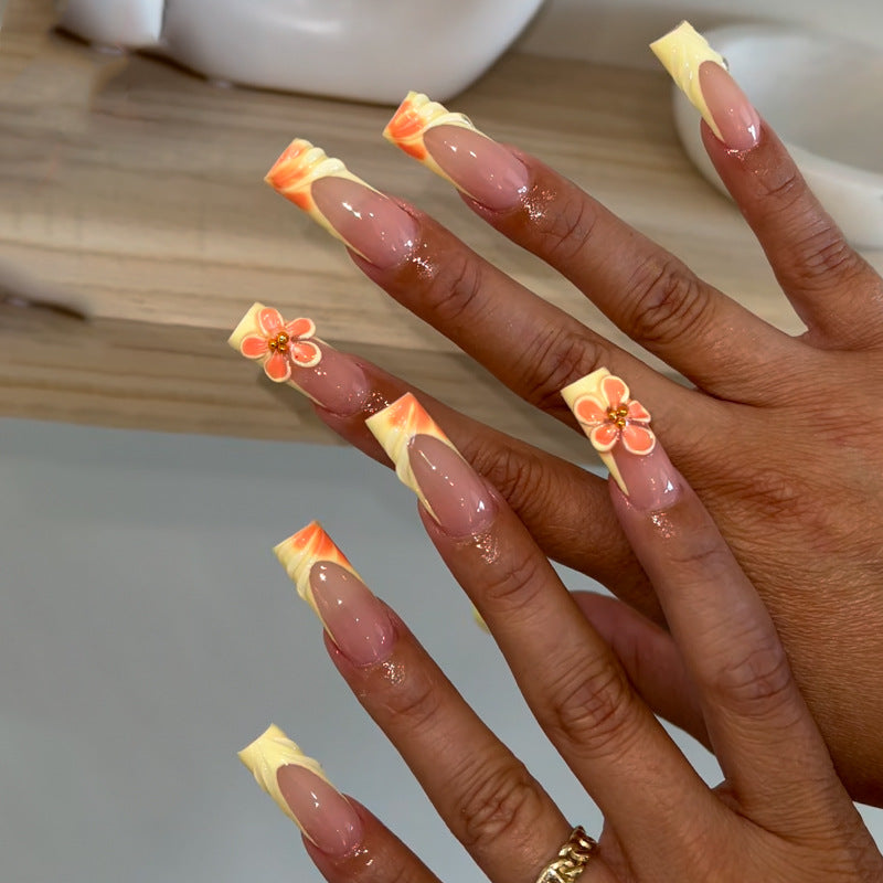 Tropical Bliss Long Square Yellow Floral Press On Nail Set
