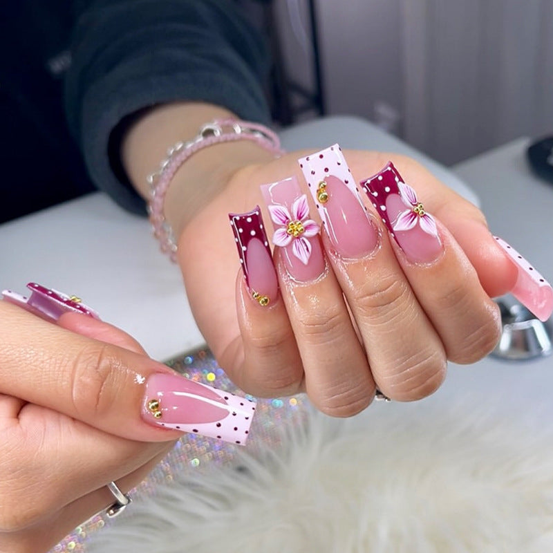 Blooming Elegance Long Square Pink Floral Press on Nail Set with Unique Decorative Accents
