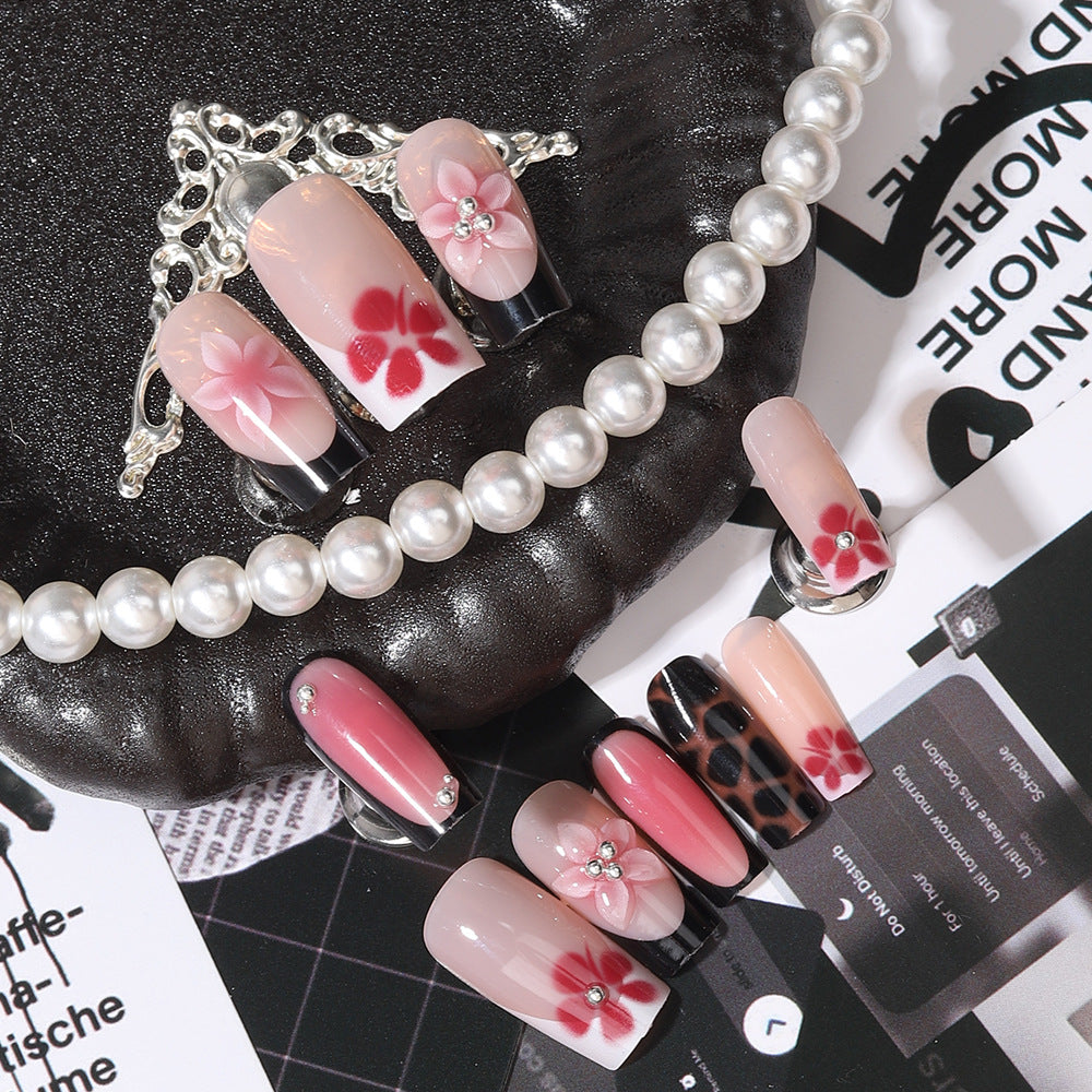 Floral Elegance Long Square Pink with Glittering Gem Accents Press On Nail Set