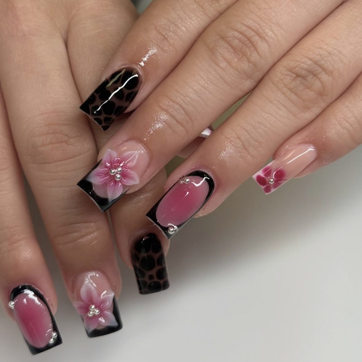Tropical Elegance Long Square Pink Ombre Floral Accent Press On Nail Set