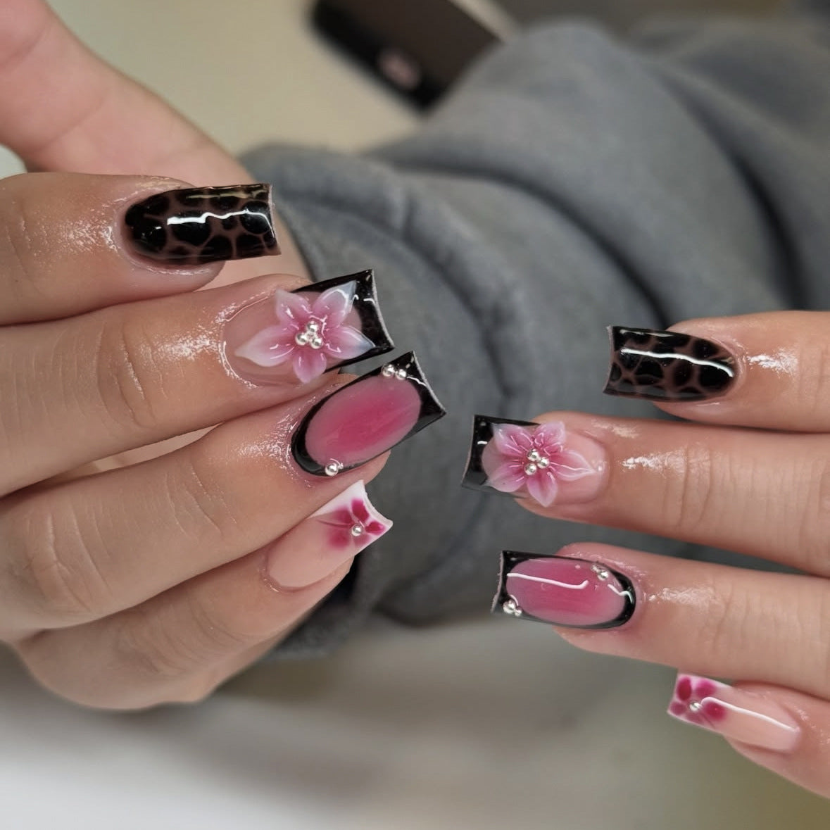 Floral Chic Long Square Pink with Unique Floral Accents Press On Nail Set