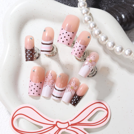 Charming Dessert Inspired Long Square Pink Press On Nail Set with Rhinestone Accent