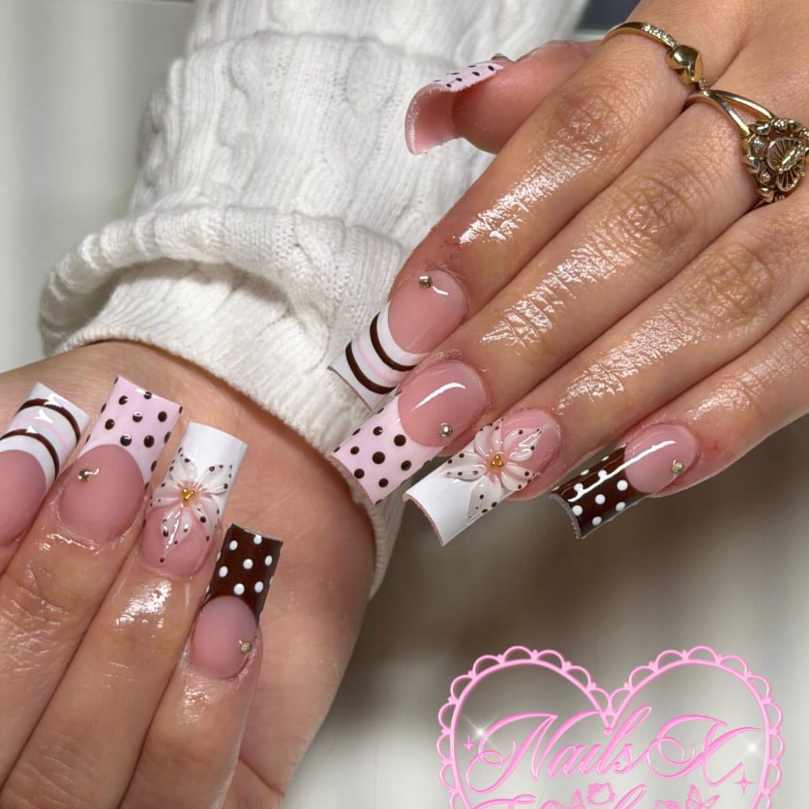 Charming Chocolate Swirl Long Square Pink Press On Nail Set with Floral Accents