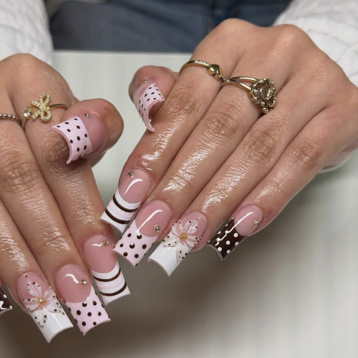 Chic Floral Elegance Long Square Pink and Brown Design with Dazzling Gems