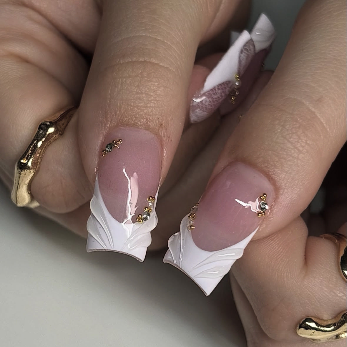 Elegant Floral Design Long Square White with Pearl Accents Press-On Nail Set