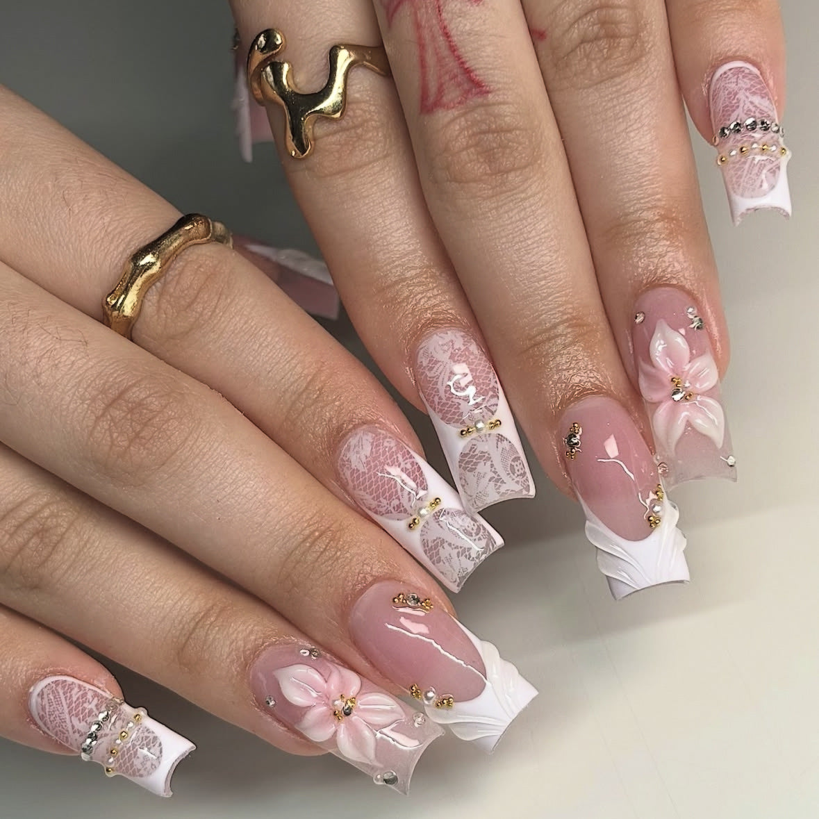 Elegant Floral Dreams Long Square Light Pink with Intricate Lace and Gem Accents Press On Nail Set