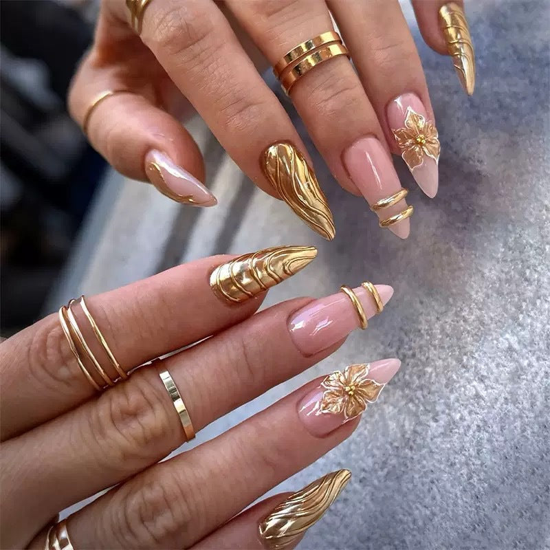Glamorous Medium Almond Pink with Gold Accents Press On Nail Set