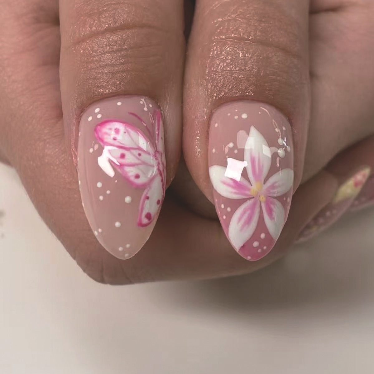 Dreamy Floral Medium Almond Pink Press-On Nail Set with Butterfly Design