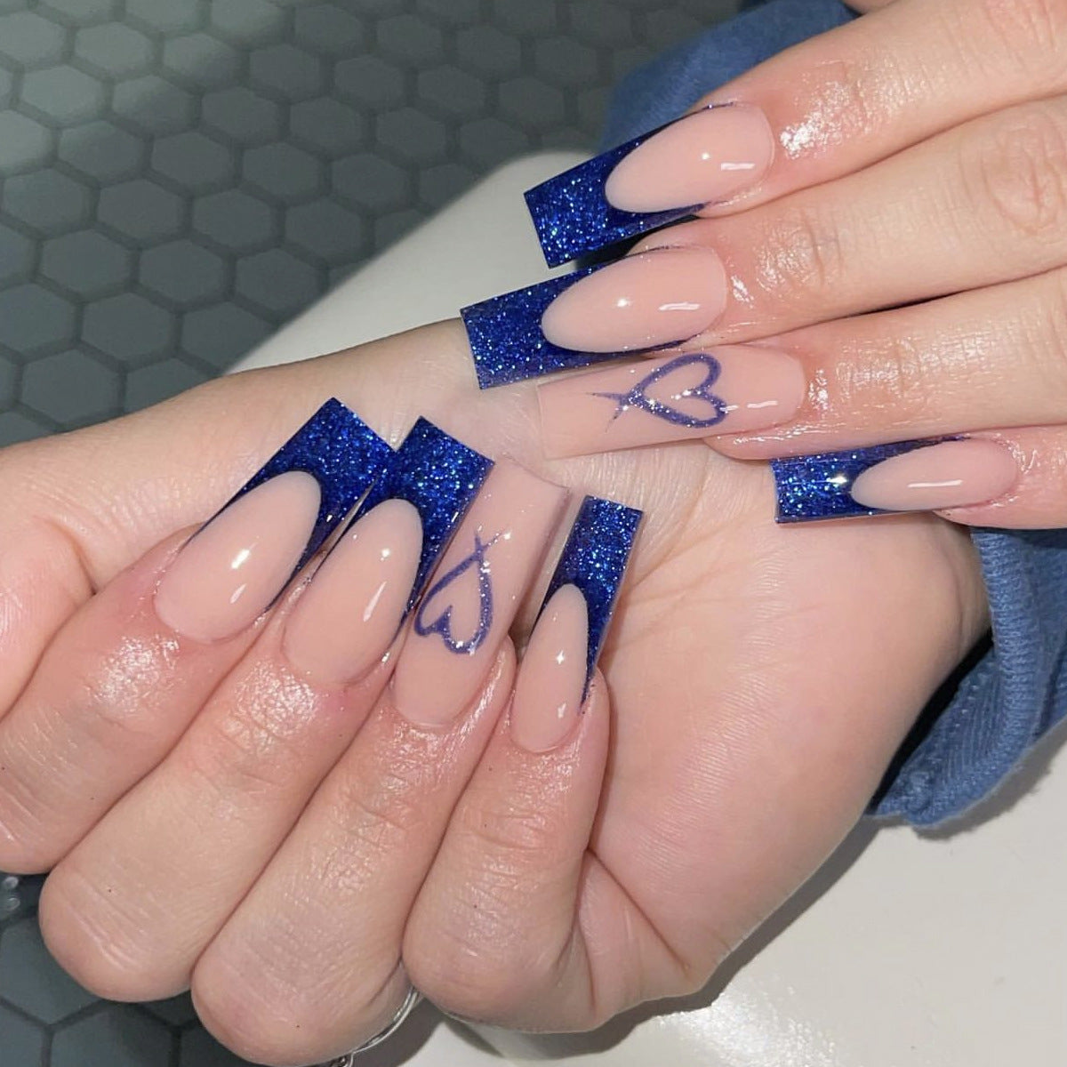 Celestial Glamour Long Square Gradient Blue Glitter Press On Nail Set with Heart Detail