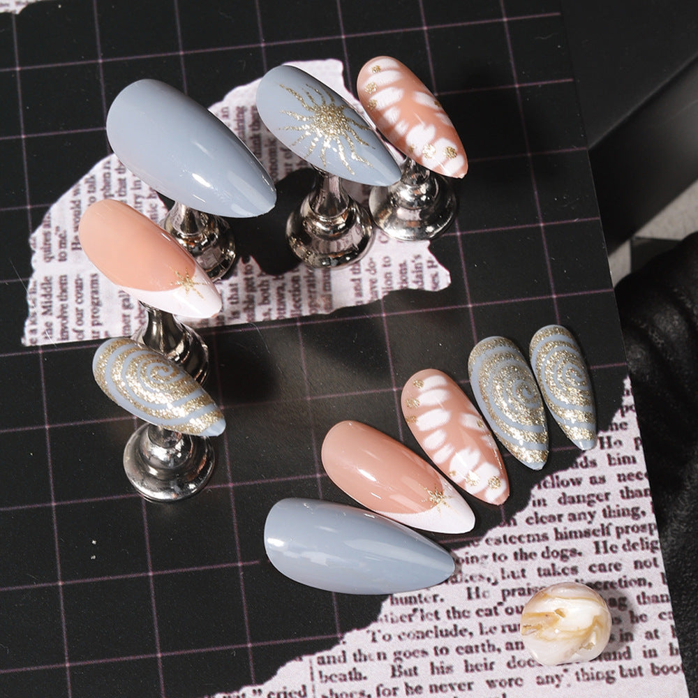 Celestial Elegance Medium Almond Blue with Unique Gold Accents Press-on Nail Set