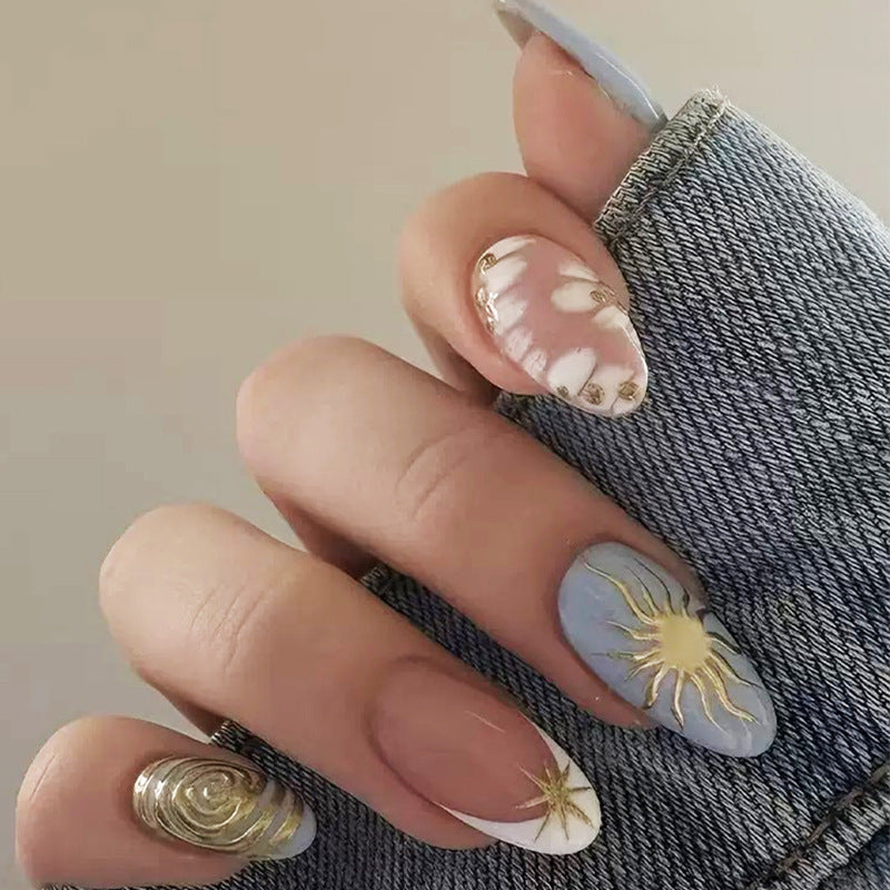 Celestial Dreams Short Almond Blue with Gold Accents Press on Nail Set