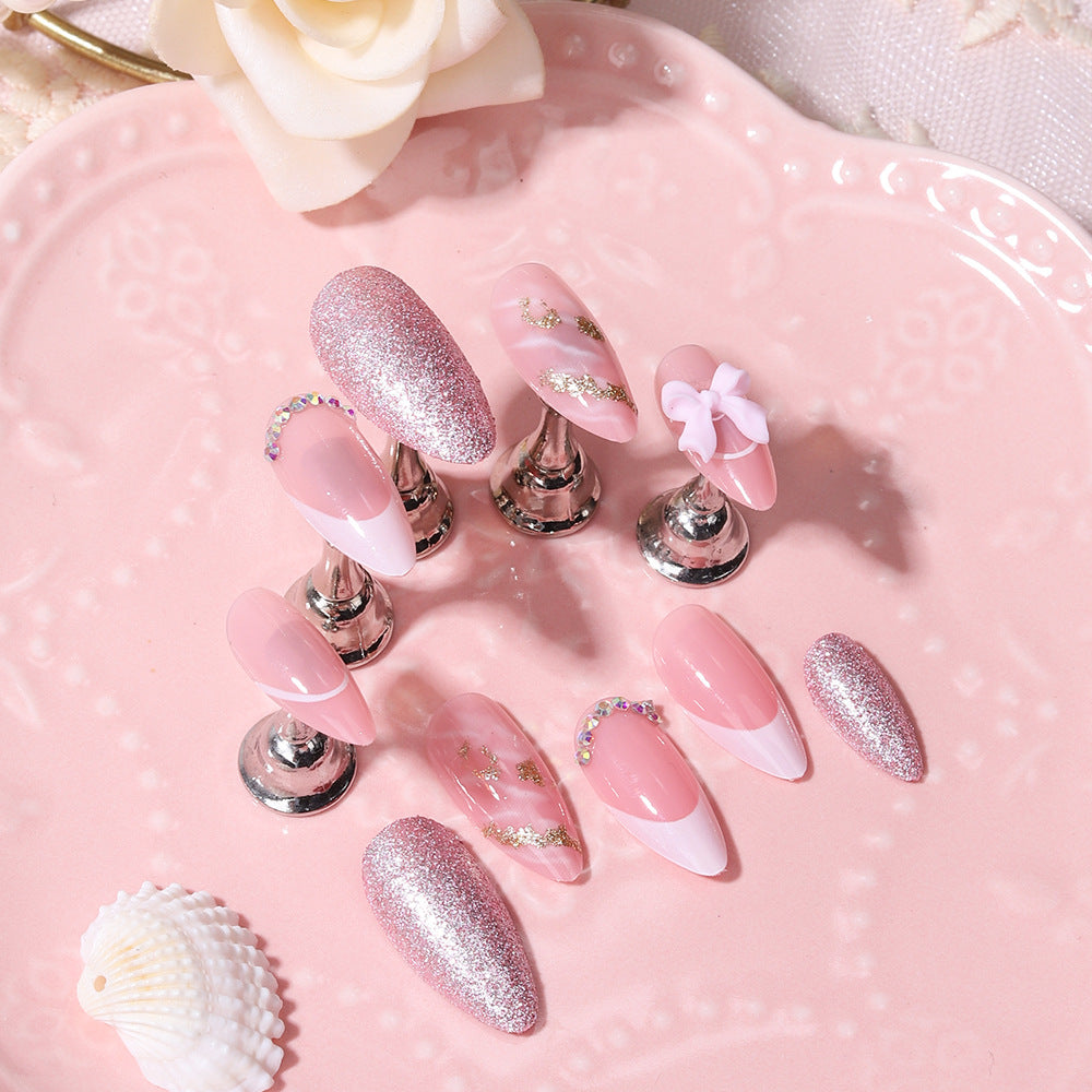 Charming Elegance Short Almond Pink Glitter Press On Nail Set
