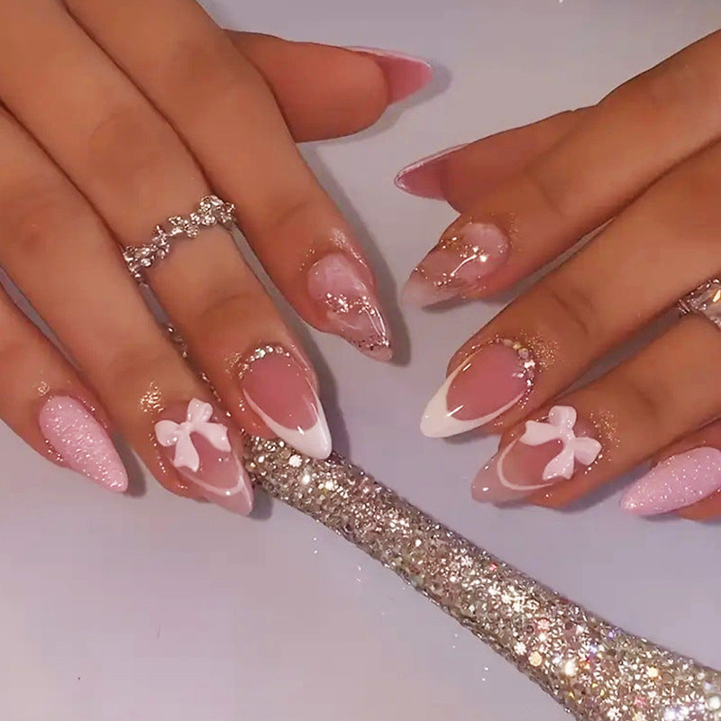 Glimmering Elegance Short Almond Pink Ombre with Charming Floral Accents Press On Nail Set