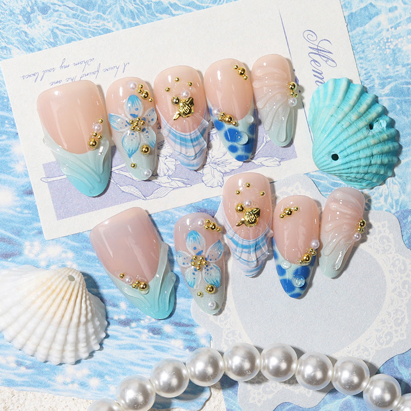 Ocean Breeze Short Almond Pastel Colors with Shell and Pearl Accents Press on Nail Set