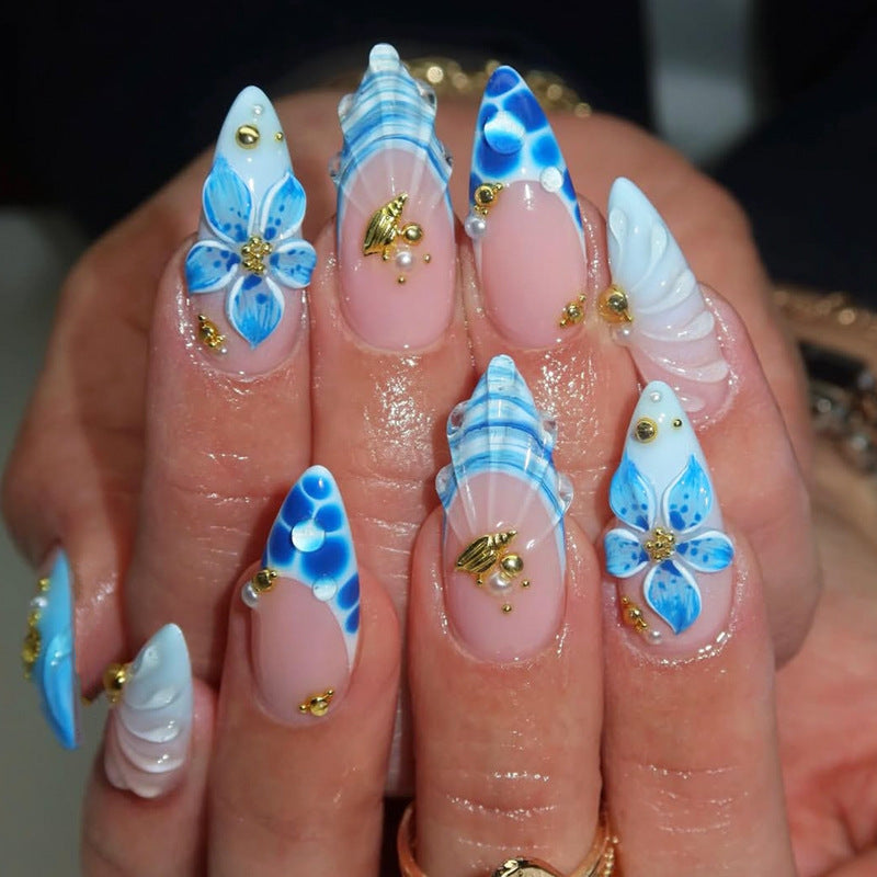 Ocean Breeze Short Almond Blue Floral Press On Nail Set with Gold Accents