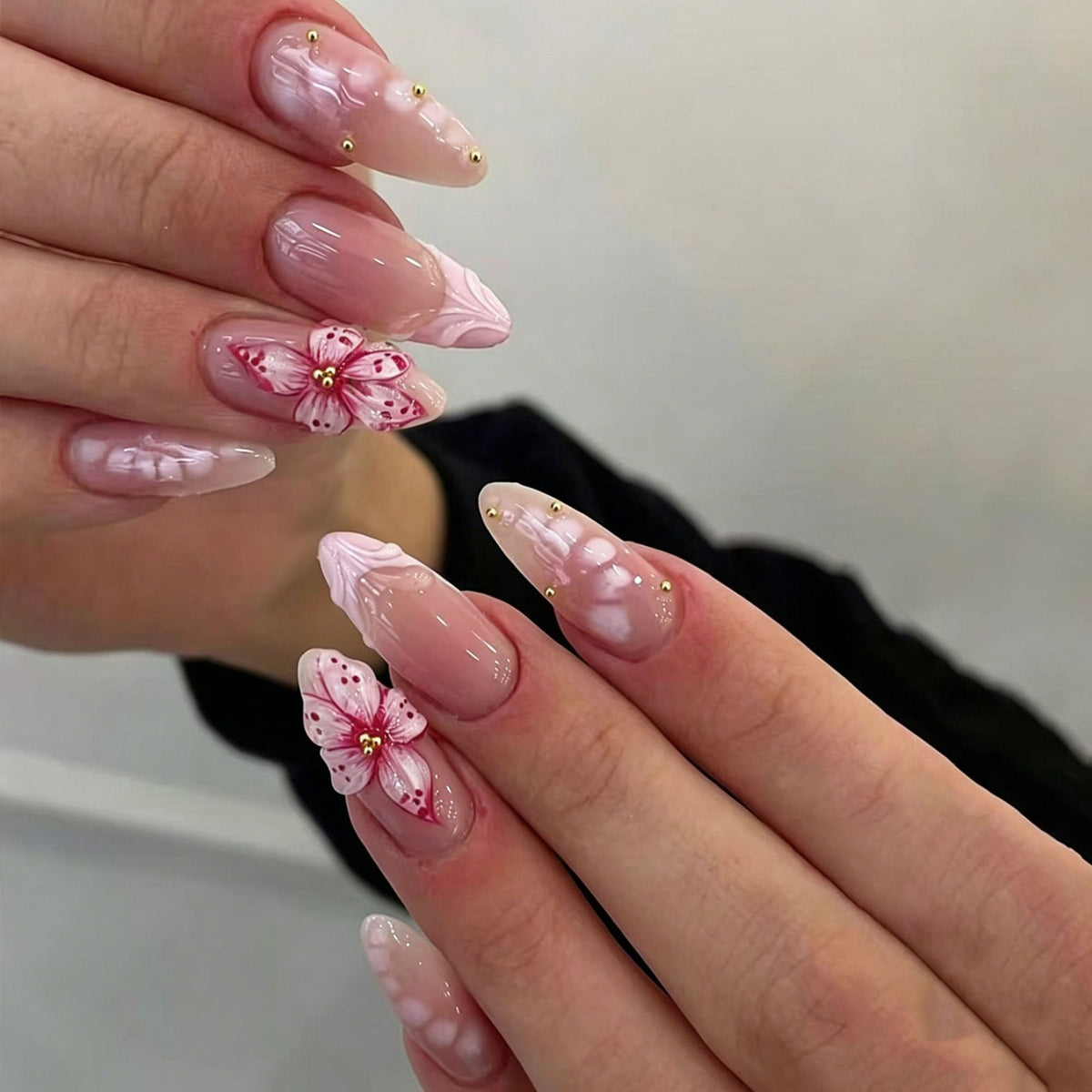 Blossoming Elegance Medium Almond Pink Floral Nail Set