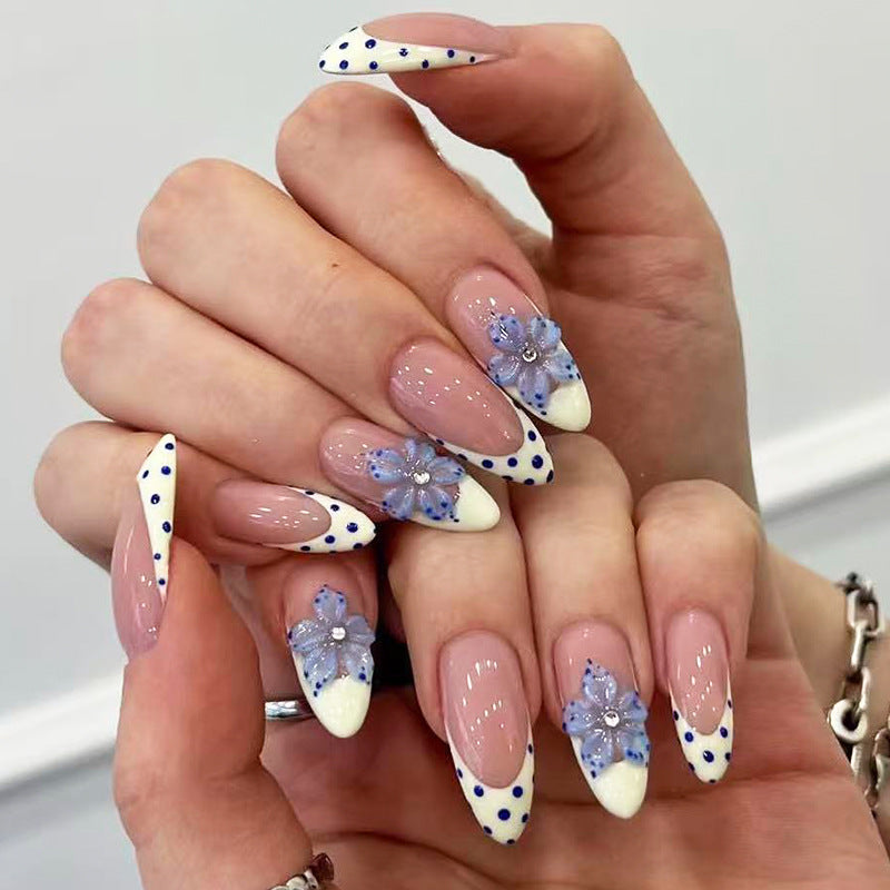 Floral Elegance Medium Almond White and Blue Polka Dot Design with Flower Accents