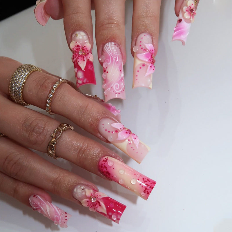 Floral Delight Long Square Pink with Intricate Floral Design Press On Nail Set