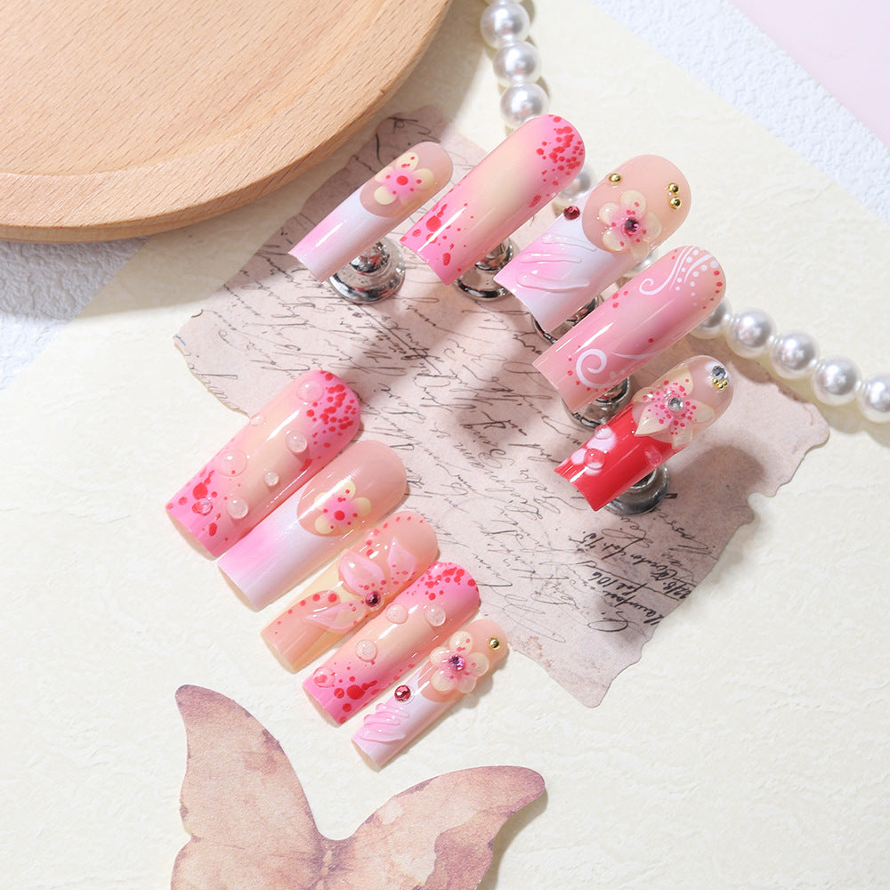 Floral Dream Long Square Pink Press On Nail Set with Glitter Accents
