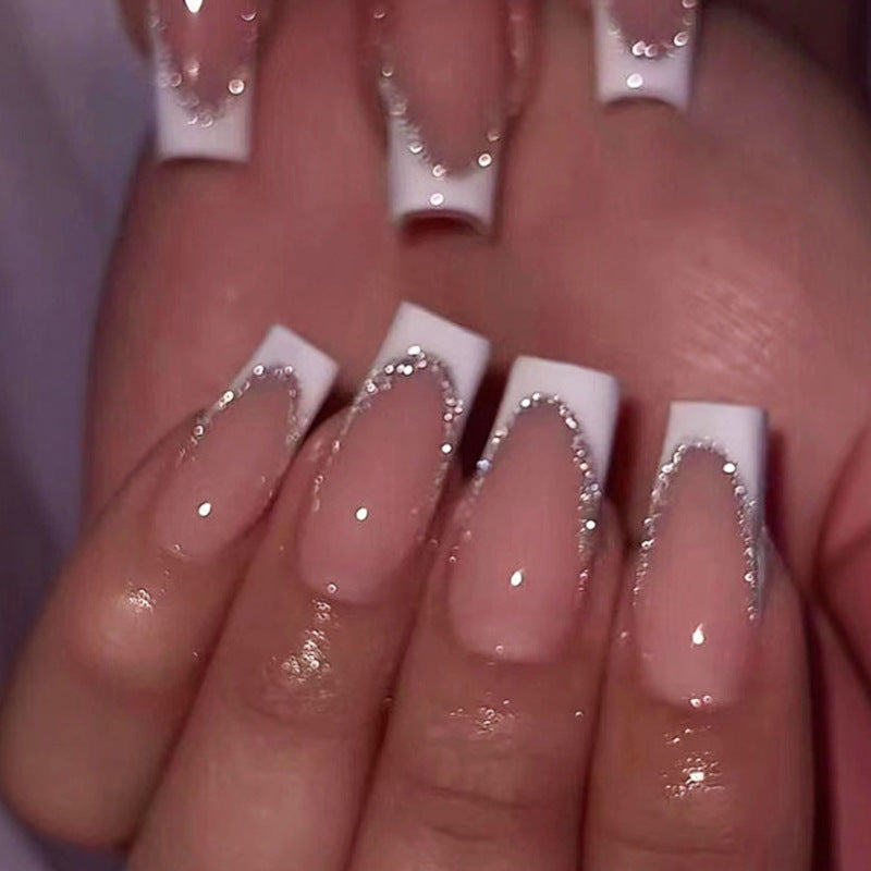 Glamorous Elegance Long Square White with Sparkling Tip Press-On Nail Set