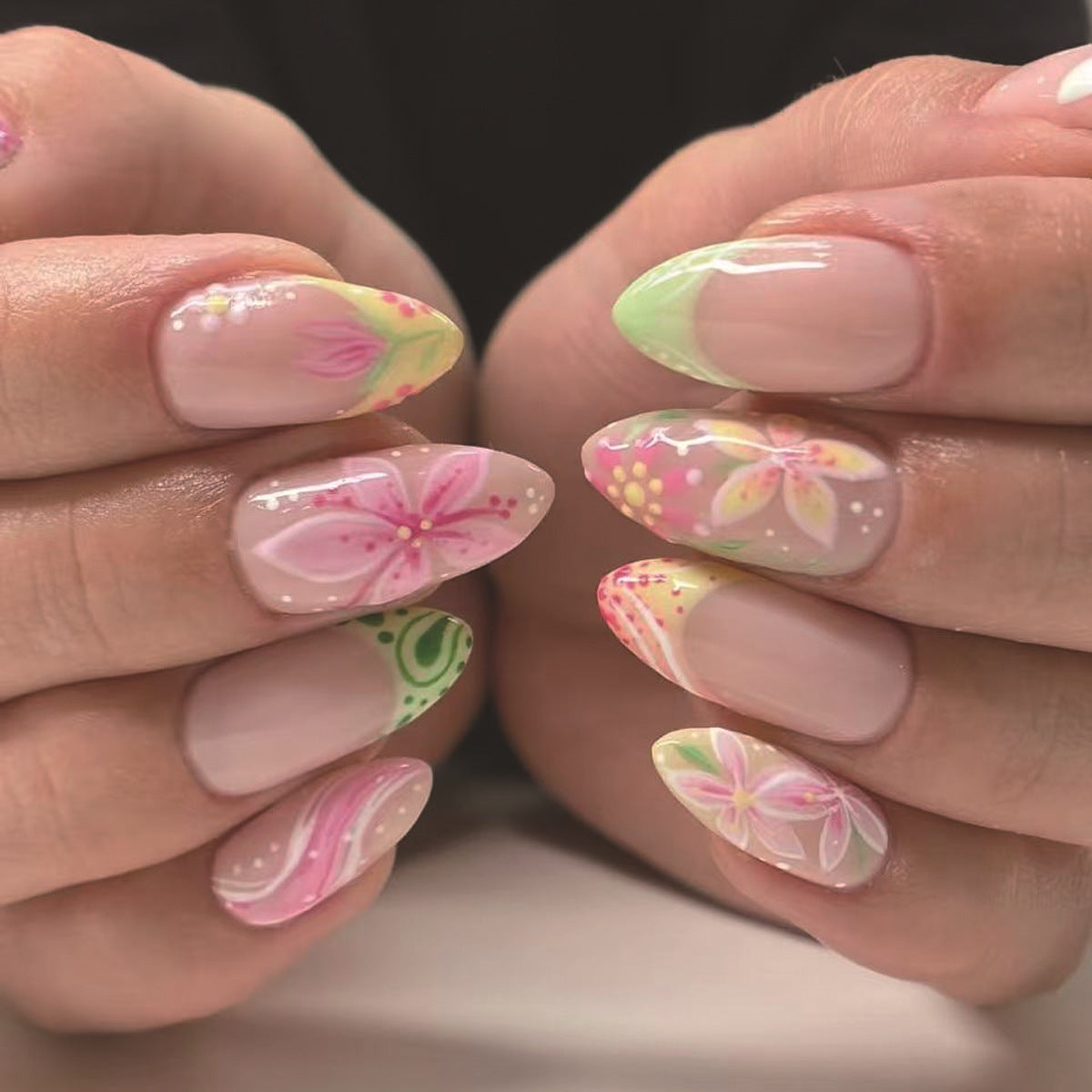 Bohemian Floral Medium Almond Colorful Hand-Painted Nail Set