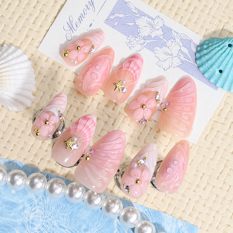 Ocean Breeze Medium Almond Pink Floral Design Press On Nail Set