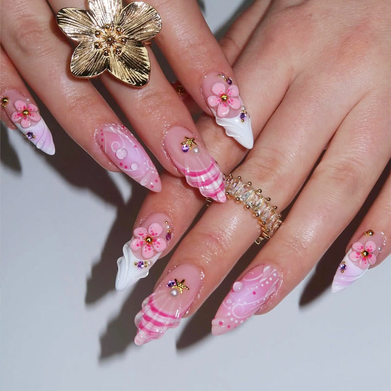 Charming Floral Medium Almond Pink Press On Nail Set with Glitter Accents