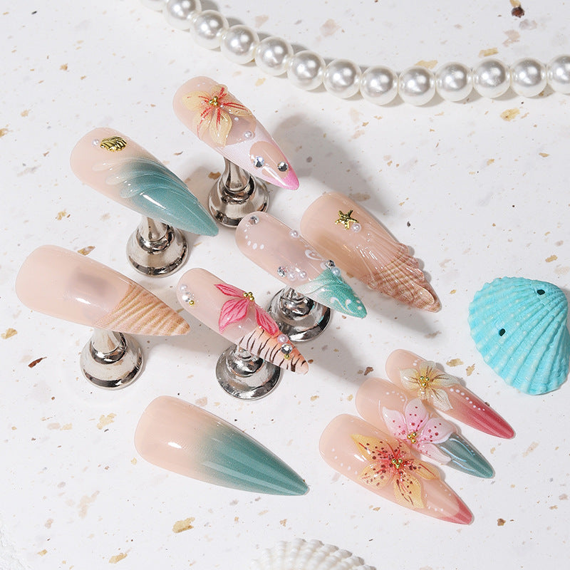 Ocean Breeze Medium Almond Pastel Design Press On Nail Set with Floral Accents