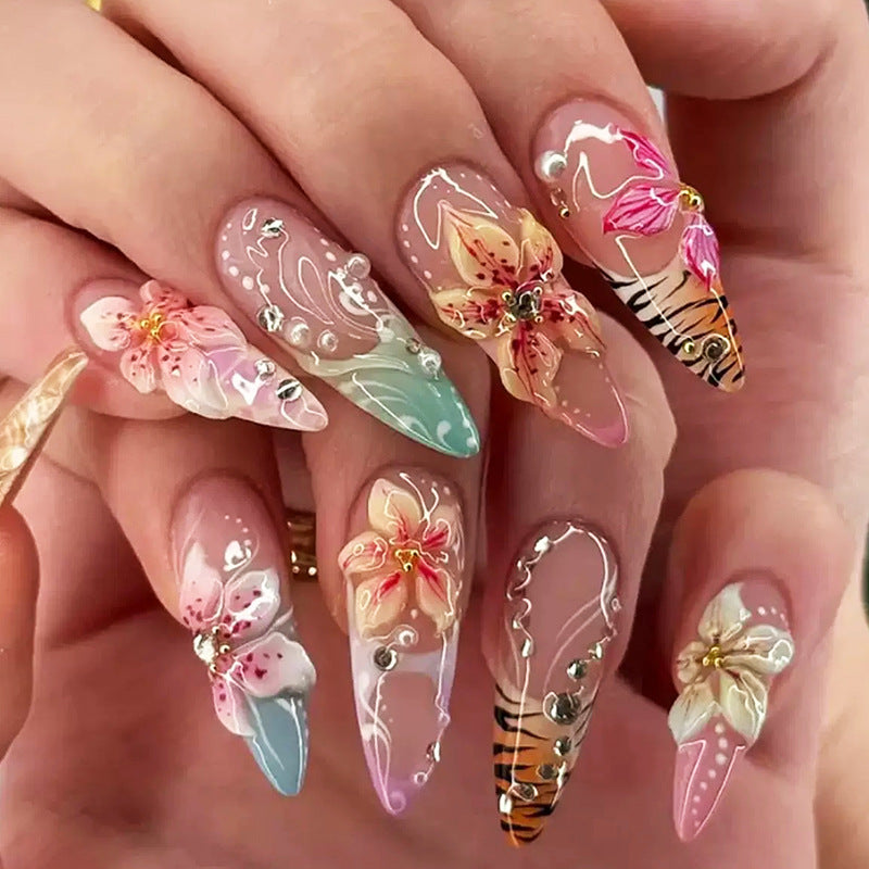 Floral Bliss Medium Almond Pastel Press On Nail Set with Embellished Designs