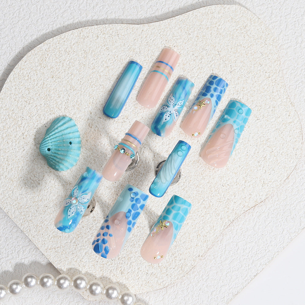 Ocean Breeze Long Square Blue Gradient with Floral Accents Press-On Nail Set