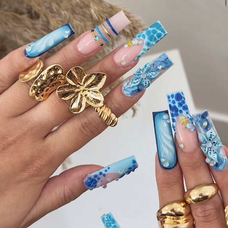 Ocean Breeze Long Square Blue Floral Design Press-On Nail Set