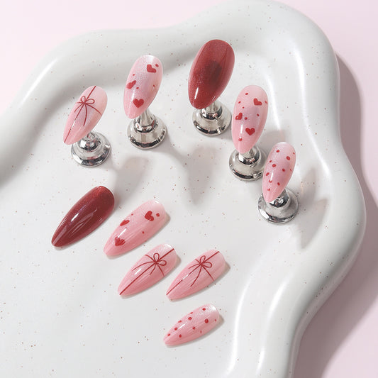 Romantic Heart Theme Short Almond Pink with Sparkling Accents Nail Set