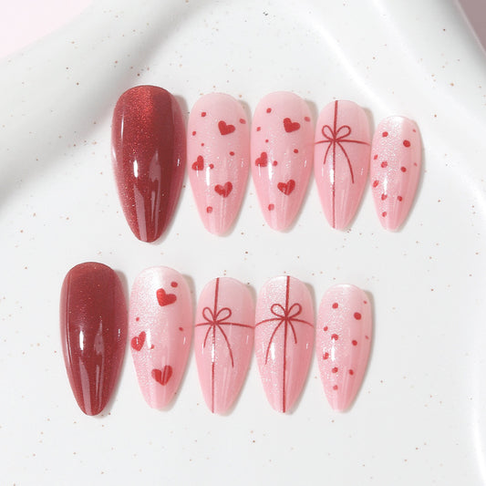 Romantic Heart Themed Medium Almond Pink Nails with Sparkling Glitter Finish