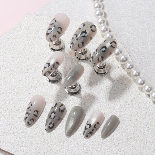 Wild Safari Medium Almond Gray Leopard Print Press on Nail Set