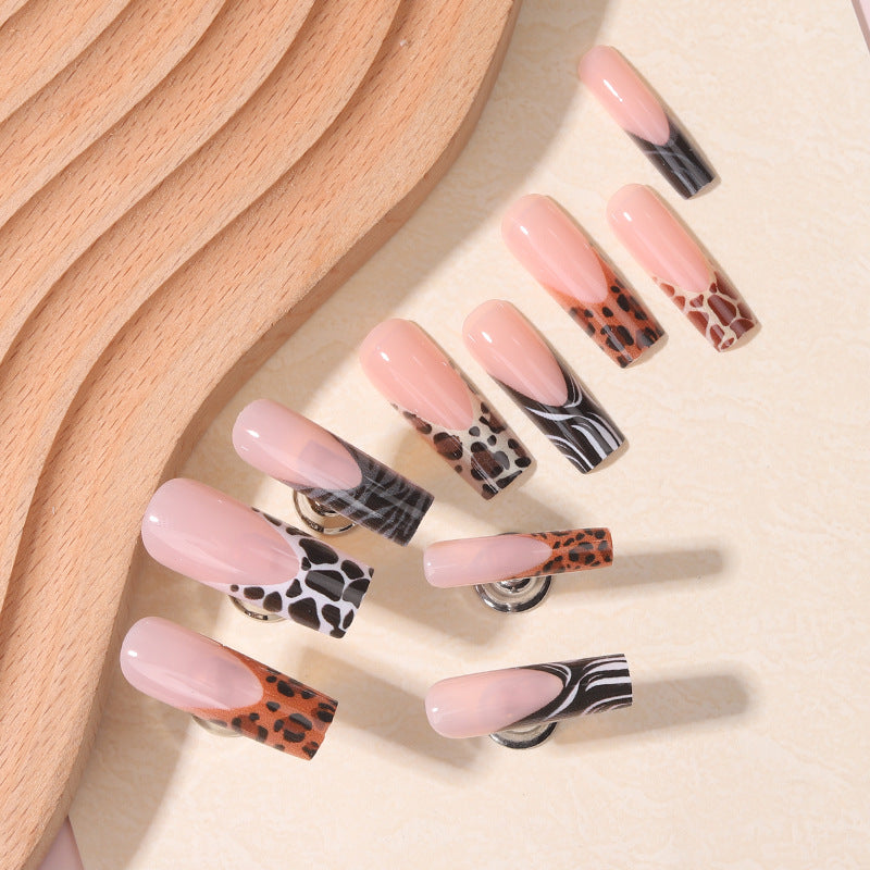 Safari Chic Long Square Beige and Animal Print Nail Set