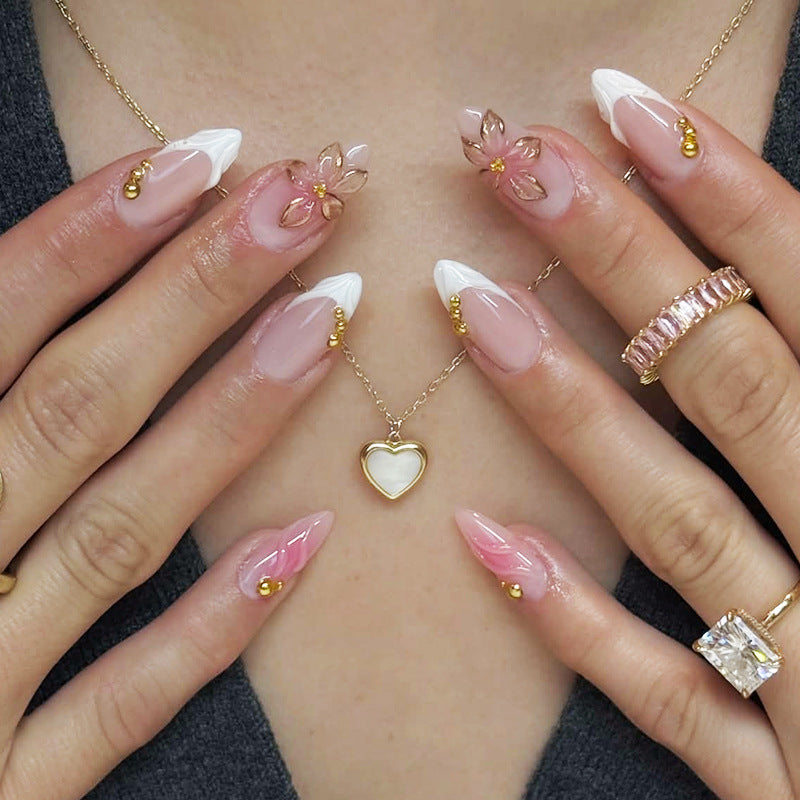 Charming Floral Medium Almond Blush Pink with Elegant Pearl Accents Press On Nail Set