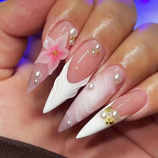 Floral Elegance Long Stiletto Pink Gradient with Pearl Accents Press On Nail Set