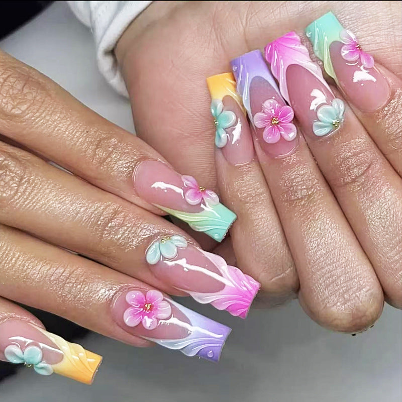 Tropical Floral Long Square Cute Marble Press On Nail Set