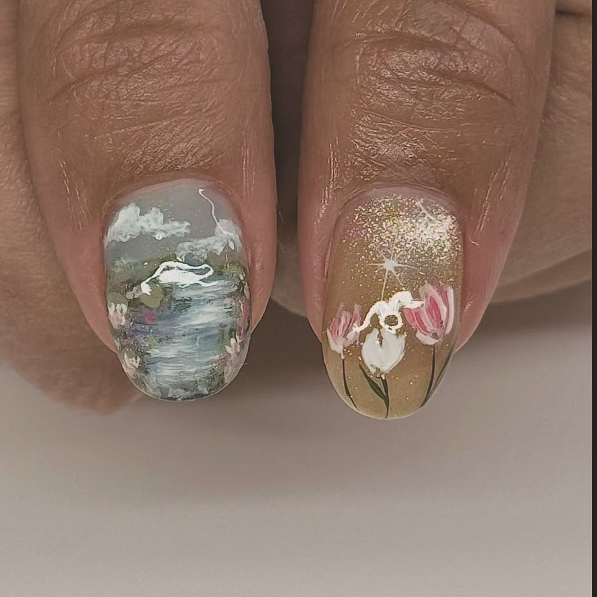 Whimsical Floral Short Round Glittering Press On Nail Set